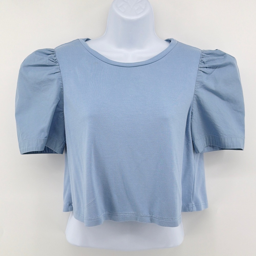 Ted Baker London Blue Puff Sleeve Cropped T-Shirt Top Poplin Mixed Media Small